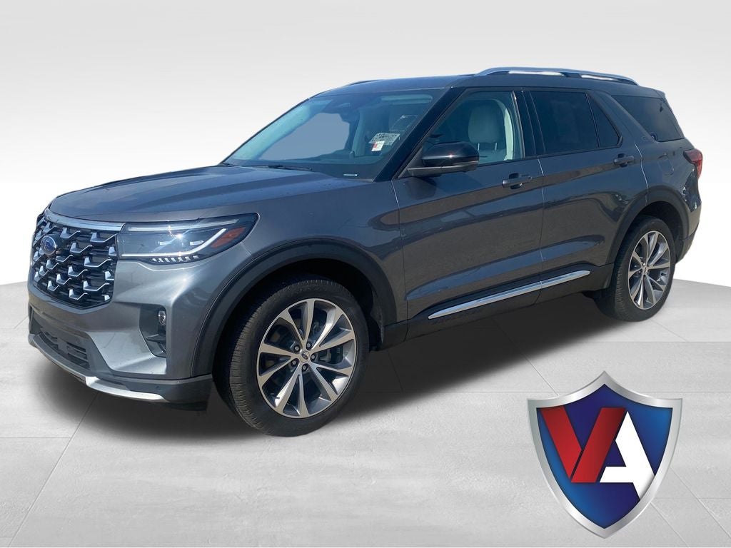 2025 Ford Explorer Platinum in Gray Metallic — front three-quarter view